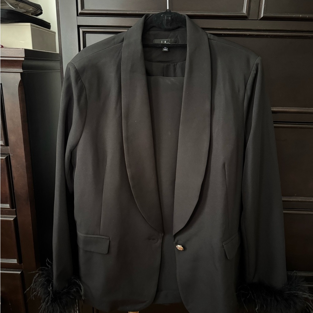 Chic Black Blazer with Feather Cuffs and matching suit pants with Feather Cuffs